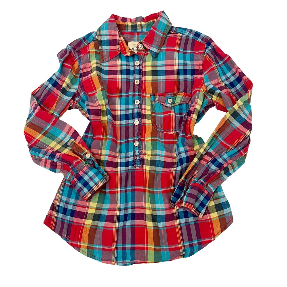 Hollister Red Multi Plaid Button Down Shirt Rainbow Check Y2K Preppy Tie Back XS